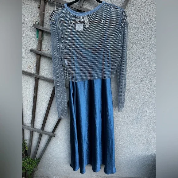 DOLAN LEFT COAST Long Sleeve Mesh Mockable Midi Slip Dress In Blue New with Tags - Picture 12 of 12